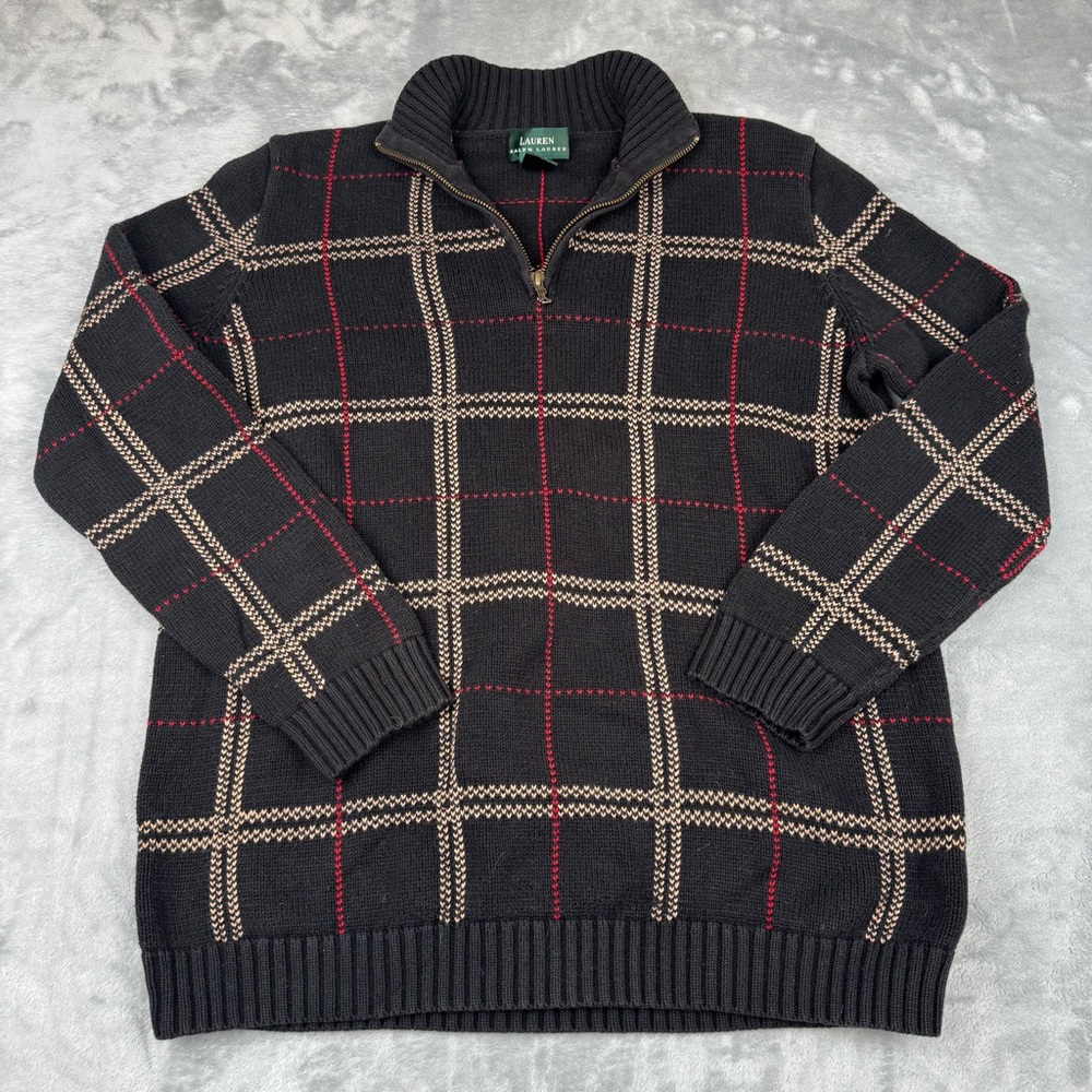 Vintage Ralph Lauren Sweater Women M Plaid Pullover Black Preppy 1/4 Zip